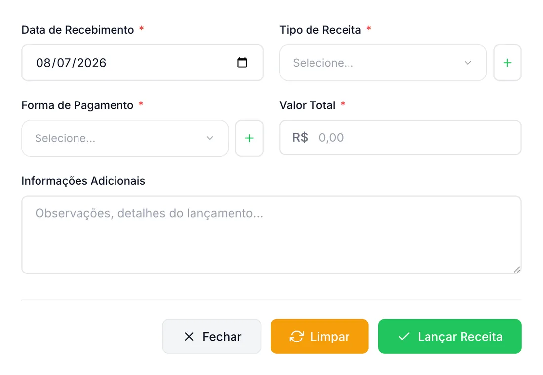 Tela de novo lançamento de receita, com os campos de data, tipo, forma de pagamento e valor